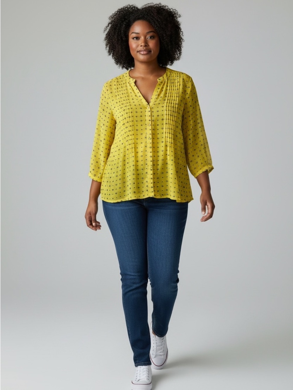 Chaus Yellow Printed V‑Neck Pintuck Blouse with Three-Quarter Sleeves